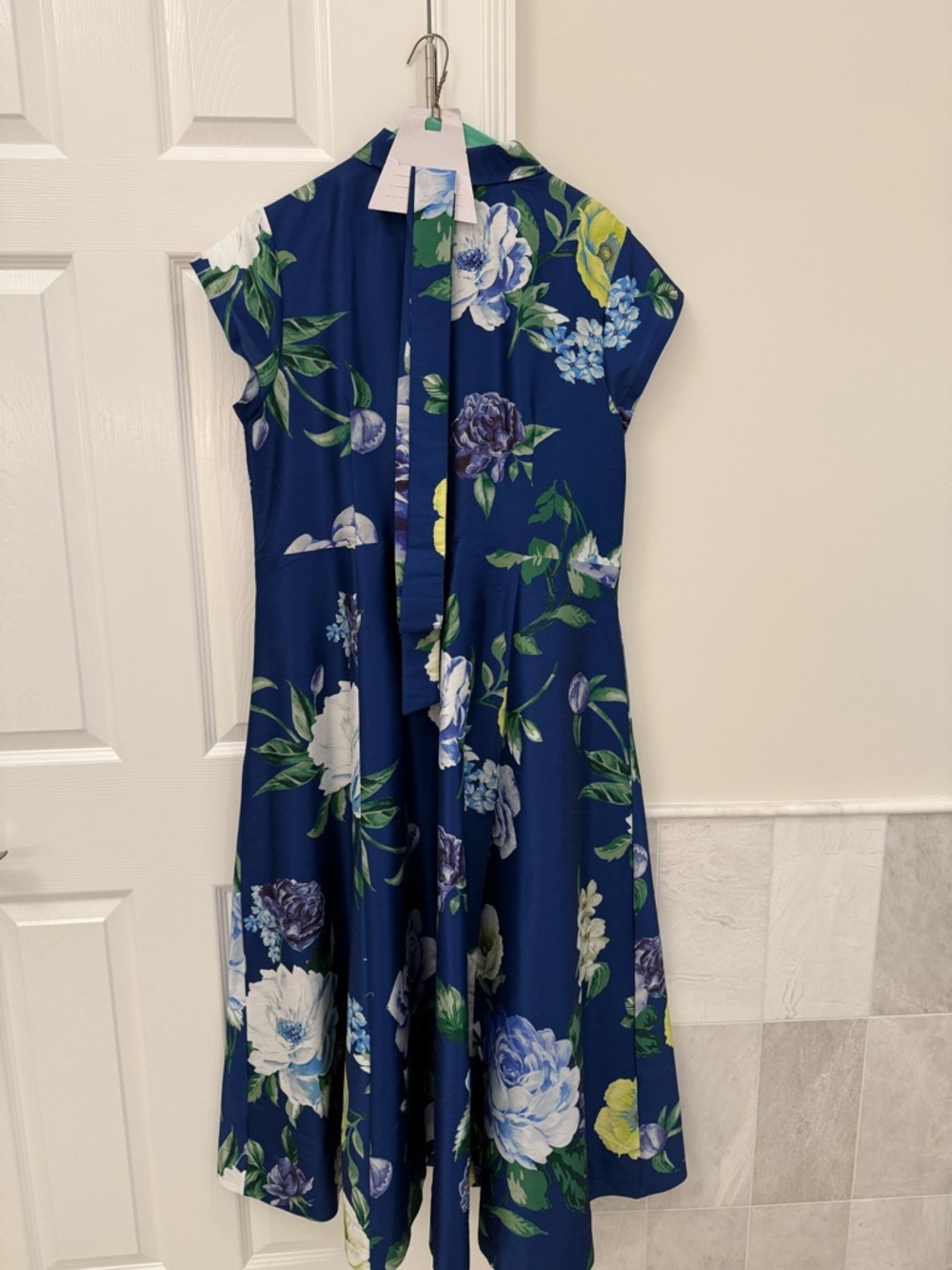 eshakti Blue Floral Button-Front Dress with Green Leaves-Custom